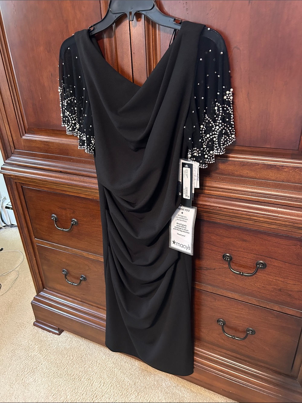 Betsy & Adam Black Midi Dress with Beaded and Pearl Flutter Sleeves/NWT